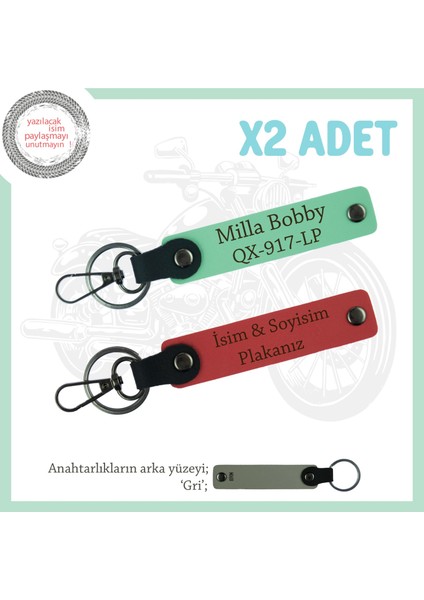 Biker Dostlarına, Üzerinde Isim ve Plaka Yazılı, Motorcu Anahtarlık X2' Li , Nar Çiçeği-Yeşil-Gr