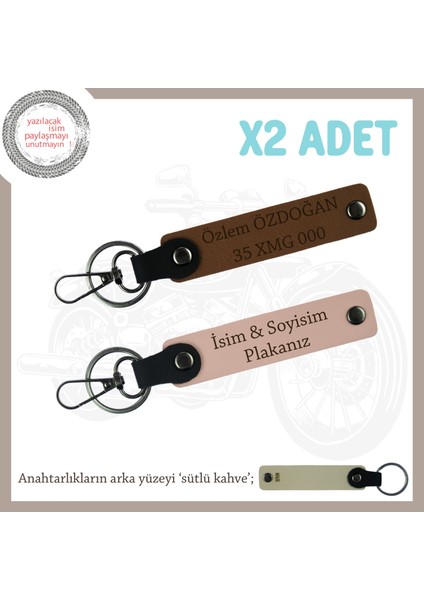Motorsiklet Grupları Için, Üzerinde Isim ve Plaka Yazılı X2'li Anahtarlık Set, Yavruağzı-Kahve-Sk