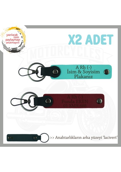 Motor Tutkunlarına Özel, Isim Plaka ve A Rh (-) Kan Grubu Yazılı 2'li Anahtarlık, Turkuaz-Bordo-Laci