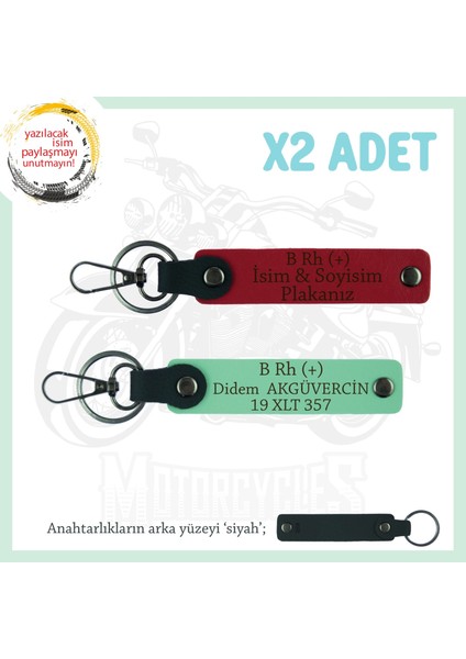 Motor Sürücüsüne Isim Plaka ve B Rh (+) Kan Grubu Yazılı 2' Li Anahtarlık Hediye, Kırmızı-Yeşil-Syh