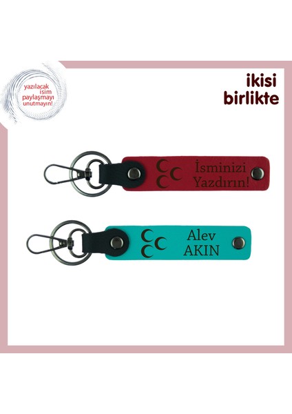 Kişiselleştirilebilir Üç Hilal Desenli Anahtarlık – 2’li Hediye Set, Kırmızı-Turkuaz