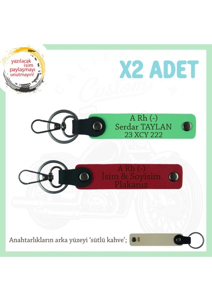 Motor Tutkunlarına, Isim Plaka ve A Rh (-) Kan Grubu Yazılı X2 Anahtarlık Hediye, Kırmızı-F Yeşil-Sk