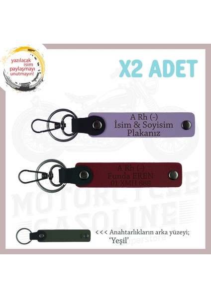 Otomobil Sahipleri Için Isim Plaka ve A Rh (-) Kan Grubu Yazılı 2' Li Anahtarlık Set, Mor-Bordo-Ysl