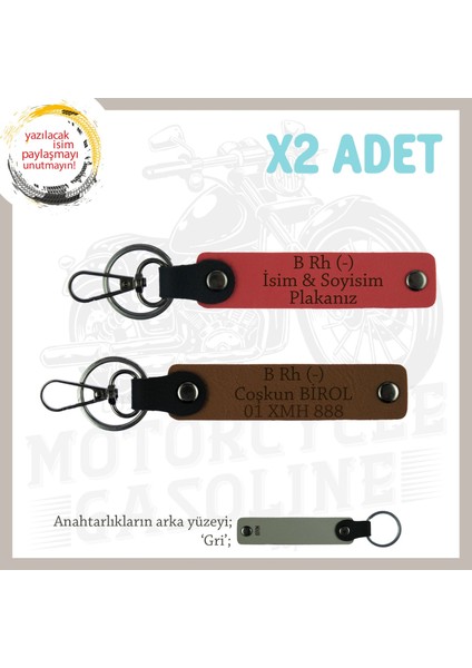 Biker Stiline Özel, Isim Plaka ve B Rh (-) Kan Grubu Yazılı Motor X2 Anahtarlık, Nar Çiçeği-Kahve-Gr