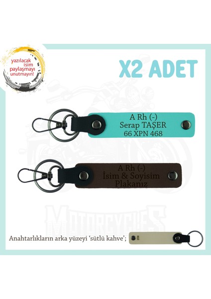 Motor Severlere, Isim Plaka ve A Rh (-) Kan Grubu Yazılı 2li Anahtarlık, Anı Set, K Kahve-Turkuaz-Sk