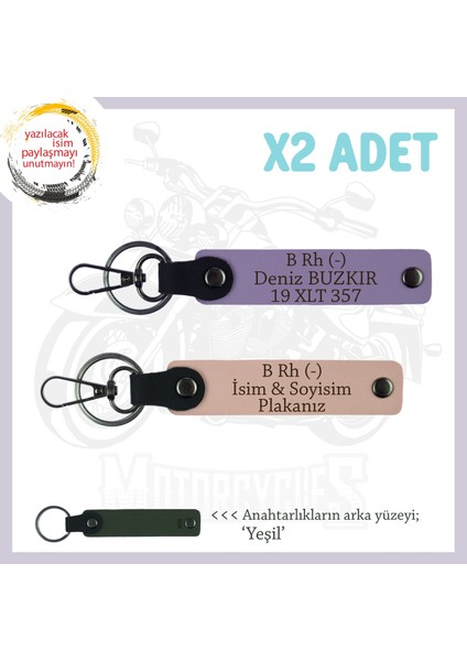 Motor Tutkunlarına Hediye Isim Plaka ve B Rh (-) Kan Grubu Yazılı X2 Anahtarlık, Yavruağzı-Mor-Ysl