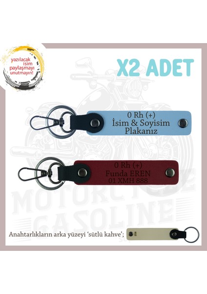 Motor Severlere Özel, Isim Plaka ve 0 + Kan Grubu Yazılı Kişiye Özel 2'li Anahtarlık, Mavi-Bordo-Sk