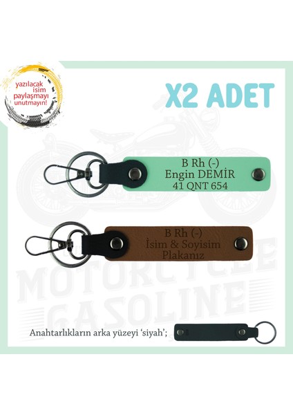 Motosiklet Severlere, Isim Plaka ve B Rh - Kan Grubu Yazılı, Motorcu X2 Anahtarlık, Kahve-Yeşil-Syh