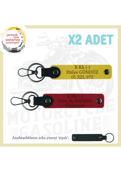 Araç Kullananlara Özel Isim Plaka ve B Rh (-) Kan Grubu Yazılı 2'li Anahtarlık Set, Kırmızı-Sarı-Syh