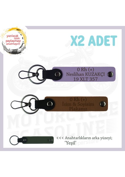 Motorcu Dostlara, Isim Plaka ve 0 Rh (+) Kan Grubu Yazılı Özel X2' Li Set Anahtarlık, Kahve-Mor-Ysl