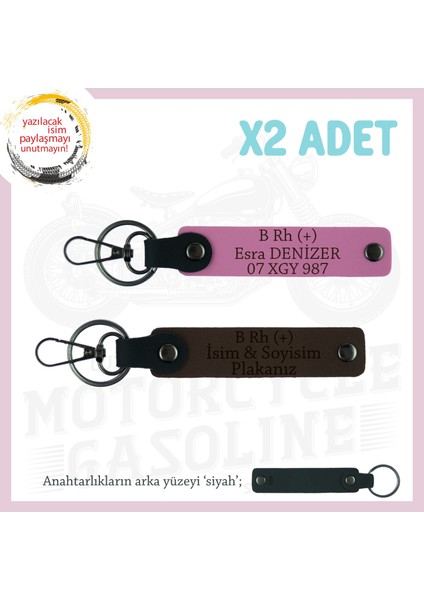Motosiklet Aşıklarına, Isim Plaka ve B Rh (+) Kan Grubu Yazılı 2' Li Anahtarlık, K Kahve-Pembe-Syh
