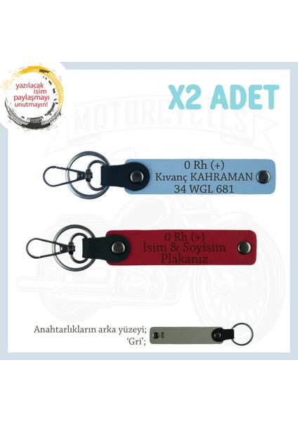 Biker Stiline Özel, Isim Plaka ve 0+ Kan Grubu Yazılı Anlamlı Motor X2 Anahtarlık, Kırmızı-Mavi-Gr