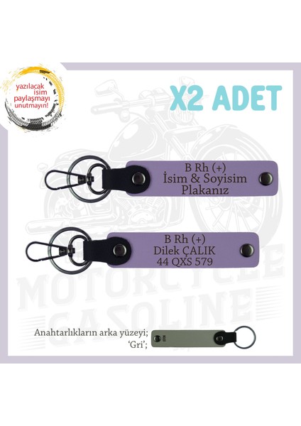 Motor Tutkunlarına, Isim Plaka ve B+ Kan Grubu Yazılı Özel Üretim X2' Li Anahtarlık, Armağan, Mor-Gr