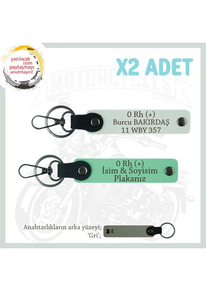 Hız Tutkunlarına Özel Isim Plaka ve 0 Rh (+) Kan Grubu Yazılı Deri X2 Anahtarlık Set, Yeşil-Beyaz-Gr