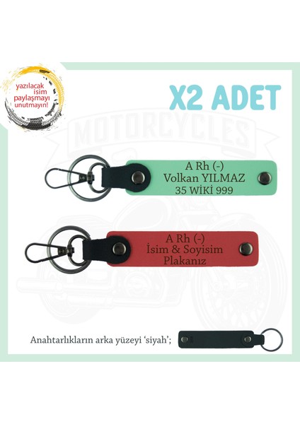 Arkadaşına, Isim Plaka ve A Rh (-) Kan Grubu Yazılı Kişisel Deri X2 Anahtarlık, Nar Çiçeği-Yeşil-Syh