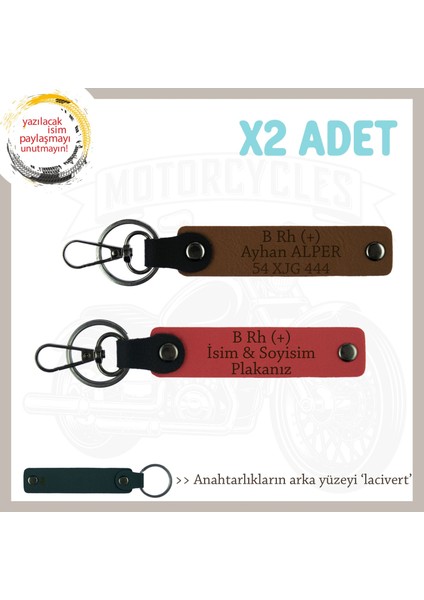 Biker Stiline Özel Isim Plaka, B Rh (+) Kan Grubu Yazılı Motor X2 Anahtarlık, Nar Çiçeği-Kahve-Laci