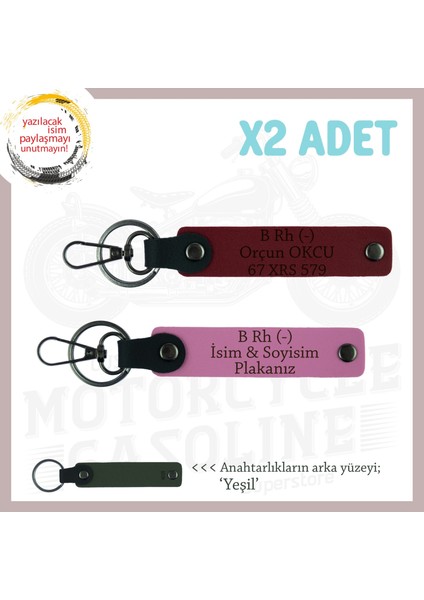 Sevdiğine Isim Plaka ve B Rh (-) Kan Grubu Yazılı Anlamlı Hediye Deri X2 Anahtarlık, Pembe-Bordo-Ysl