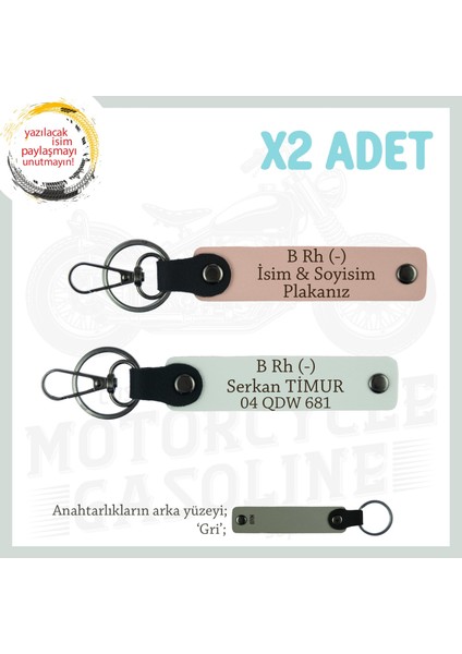 Erkek Motorcuya Hediye, Isim Plaka ve B Rh (-) Kan Grubu, Deri X2' Li Anahtarlık, Yavruağzı-Beyaz-Gr