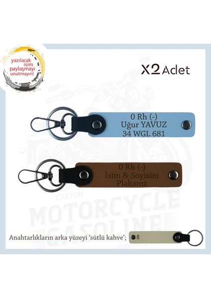 Güvenli Sürüş Için, Isim Plaka ve 0 Rh (-) Kan Grubu Yazılı Motorcu Anahtarlığı 2'li, Kahve-Mavi-Sk