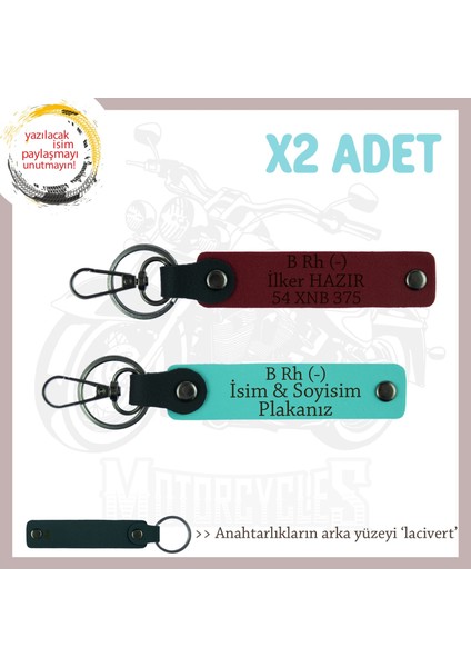 Motor Tutkunlarına Özel, Isim Plaka ve B Rh (-) Kan Grubu Yazılı 2'li Anahtarlık, Turkuaz-Bordo-Laci