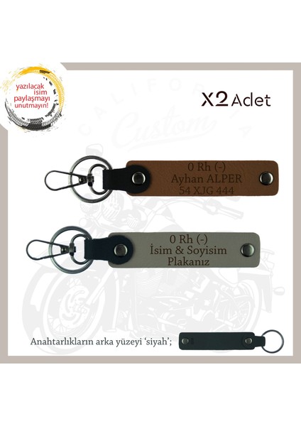 Motor Severlere Hediyelik Isim Plaka ve 0 Rh (-) Kan Grubu Yazılı 2'li Anahtarlık, Kül Gri-Kahve-Syh