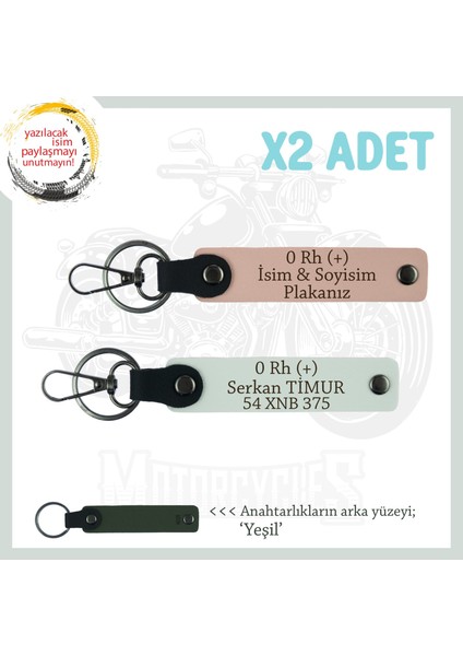 Motosiklet Severlere, Isim Plaka ve 0 Rh (+) Kan Grubu Yazılı 2'li Anahtarlık, Yavruağzı-Beyaz-Ysl