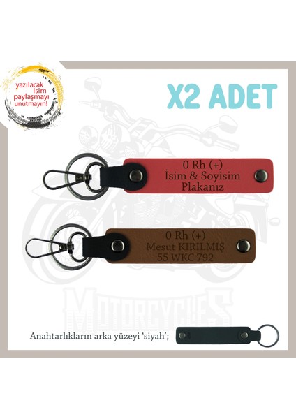 Biker Stiline Özel Isim Plaka ve 0 Rh (+) Kan Grubu Yazılı Motor X2 Anahtarlık, Nar Çiçeği-Kahve-Syh