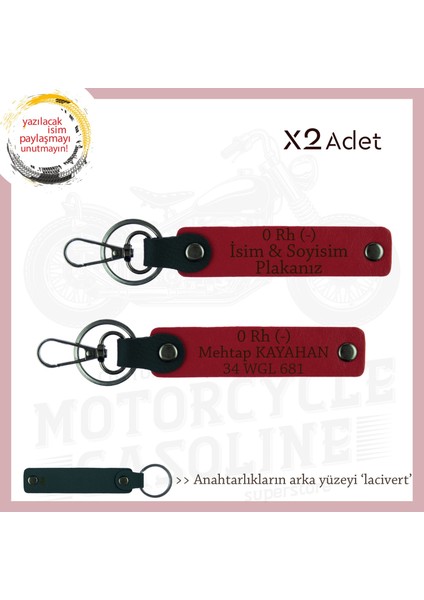 Motosiklet Maceracılarına, Isim Plaka ve 0 Rh - Kan Grubu, Acil Durum Anahtarlığı Set, Kırmızı-Laci
