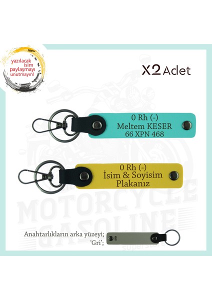 Motor Severlere Isim Plaka ve 0 Rh (-) Kan Grubu Yazılı Özel Tasarım X2 Anahtarlık, Sarı-Turkuaz-Gr