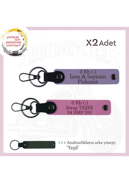 Motor Severe Özel Armağan, Isim Plaka ve 0 Rh (-) Kan Grubu Yazılı X2' Li Anahtarlık, Mor-Pembe-Ysl