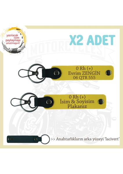 Motorcu Tarzı, Isim Plaka ve 0 Rh (+) Kan Grubu Yazılı Özel Anlamlı Hediye X2 Anahtarlık, Sarı-Laci