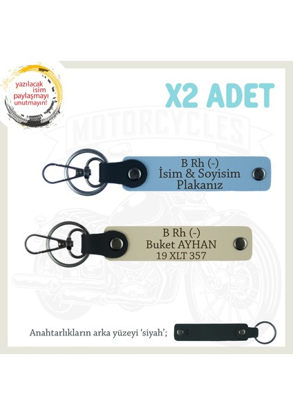Motorcu Tarzına Uygun, Isim Plaka ve B Rh (-) Kan Grubu Yazılı X2 Anahtarlık Set, Mavi-S Kahve-Syh