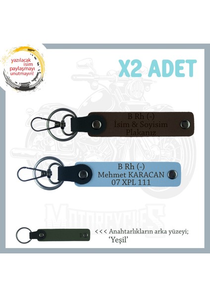 Motorcu Dostlara, Isim Plaka ve B Rh (-) Kan Grubu, Güvenli Sürüş 2'li Anahtarlık, K Kahve-Mavi-Ysl