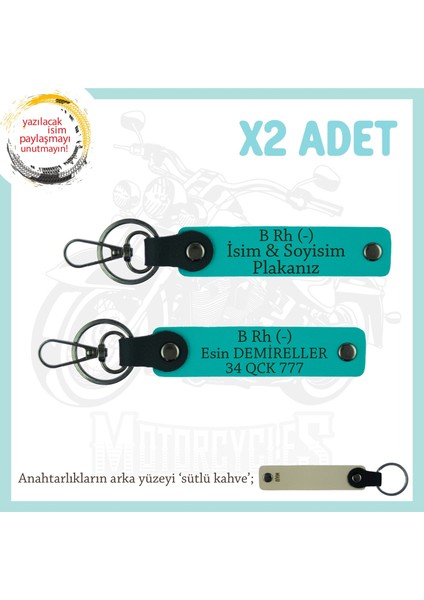 Yol Arkadaşlarına Özel Isim Plaka, B Rh (-) Kan Grubu Yazılı Kişiye Özel X2 Anahtarlık, K Turkuaz-Sk