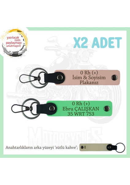 Motor Severlere Özel, Isim Plaka ve 0 Rh (+) Kan Grubu Yazılı X2 Anahtarlık, Yavruağzı-F Yeşil-Sk