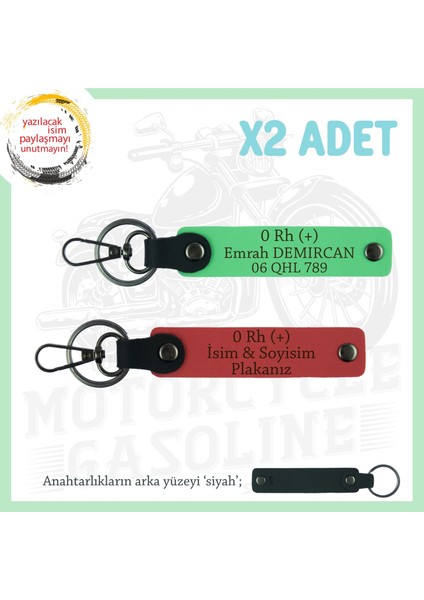 Motosiklet Severlere, Isim Plaka ve 0 Rh (+) Kan Grubu Yazılı X2 Anahtarlık, Nar Çiçeği-F Yeşil-Syh