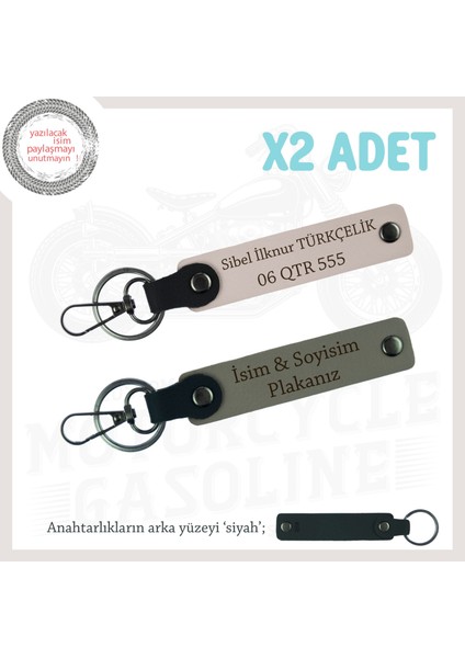 Deri Üzerine Kazınmış, Kişiye Özel Ikili Anahtarlık Seti Isim ve Plaka Yazılı , Kül Gri-Pudra-Syh