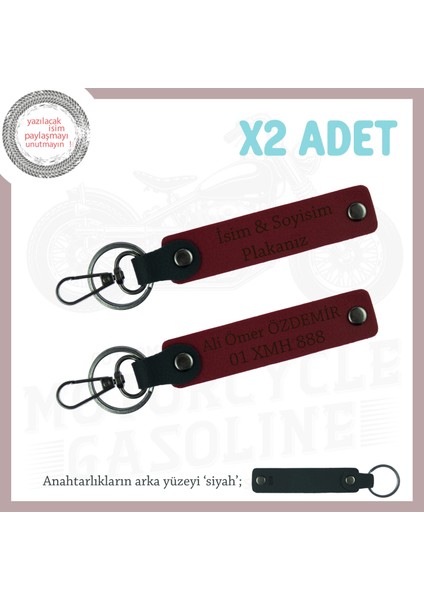 Isim ve Plaka Işlemeli Deri 2’li Anahtarlık Seti – Şık ve Kalıcı Hediye Alternatifi, Bordo-Siyah