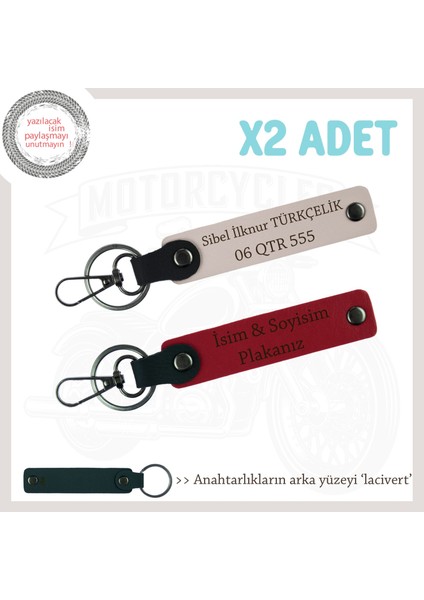 Isimli ve Plakalı X2 Anahtarlık, Özel Günler Için Şık ve Anlamlı Hediye Set, Kırmızı-Pudra-Laci