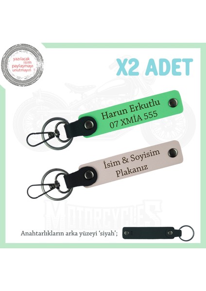 Motor Tutkunlarına Hediye, Isim ve Plaka Yazılı 2’li Deri Anahtarlık Takımı, Pudra-F Yeşil-Syh