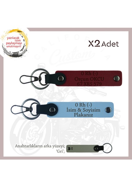 Motor Severlere Özel, Isim Plaka ve 0 - Kan Grubu Yazılı Kişiye Özel 2'li Anahtarlık, Mavi-Bordo-Gr