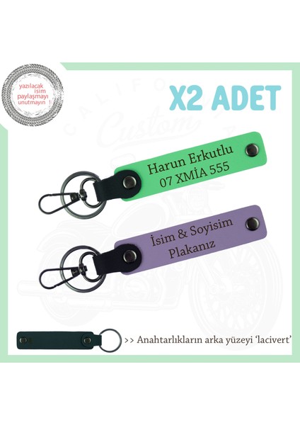 Eşinize Özel Isim ve Plaka Yazılı Kişiselleşmiş X2 Anahtarlık, Hediye Set, Mor Menekşe-F Yeşil-Laci