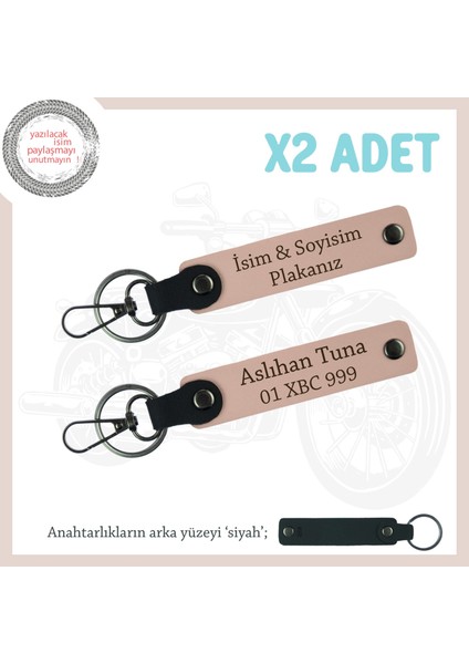 Araç ve Motor Sahipleri Için X2 Deri Anahtarlık Seti – Plaka & Isim Özelleştirmeli, Yavruağzı-Siyah