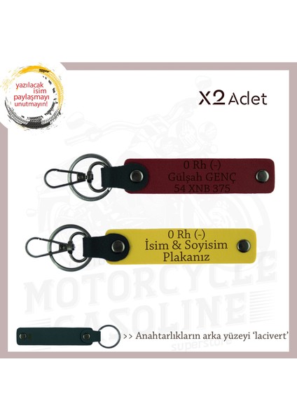 Motor Tutkunlarına, Isim Plaka ve 0 Rh (-) Kan Grubu Özel Üretim X2' Li Anahtarlık, Sarı-Bordo-Laci