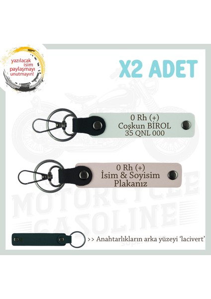 Motorcular Için Özel Isim Plaka ve 0 Rh (+) Kan Grubu Yazılı Deri 2'li Anahtarlık, Pudra-Beyaz-Laci