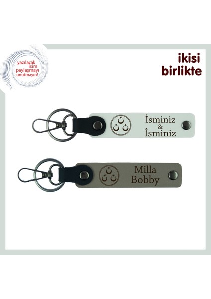 Üç Ayyıldızlı Deri Anahtarlık Seti – Doğum Gününe Özel Isimli Hediyelik, Beyaz-Kül Gri
