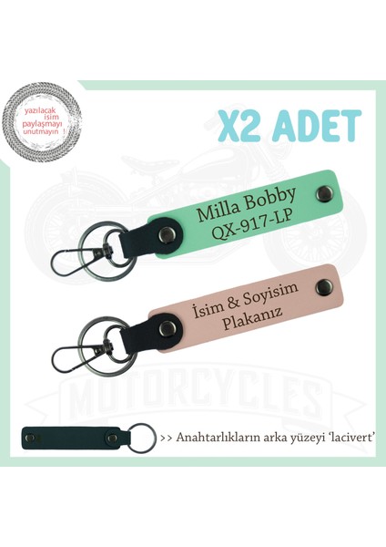 Harf Harf Size Özel – Deri 2’li Anahtarlık Seti Plaka ve Isimli Seçeneklerle, Yavruağzı-Yeşil-Laci