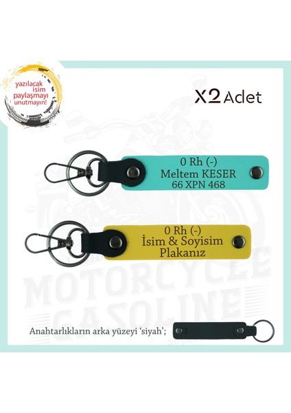 Motor Severlere Isim Plaka ve 0 Rh (-) Kan Grubu Yazılı Özel Tasarım X2 Anahtarlık, Sarı-Turkuaz-Syh
