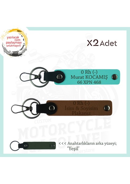Motorcuya Armağan, Isim Plaka ve 0 Rh (-) Yazılı Kişiselleştirilen X2 Anahtarlık, Kahve-Turkuaz-Ysl