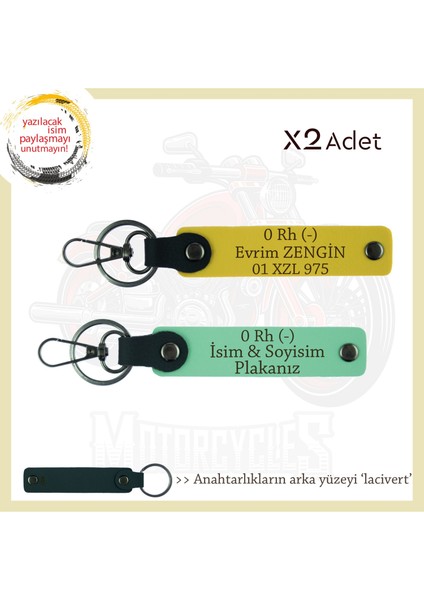 Motosiklet Severlere Özel Isim Plaka ve 0 Rh (-) Kan Grubu Yazılı X2 Anahtarlıkları, Yeşil-Sarı-Laci fiyatları